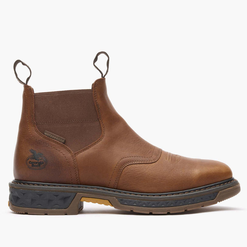 Brown leather boot with brand logo on a white background
