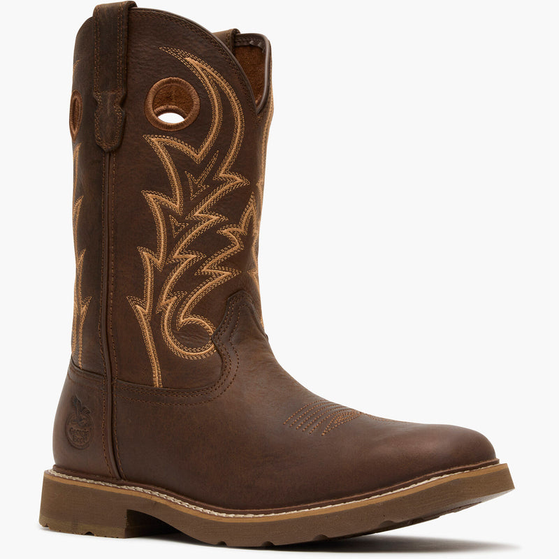 Brown cowboy boot with intricate stitching on a white background