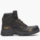 Black hiking boot with yellow accents on a white background