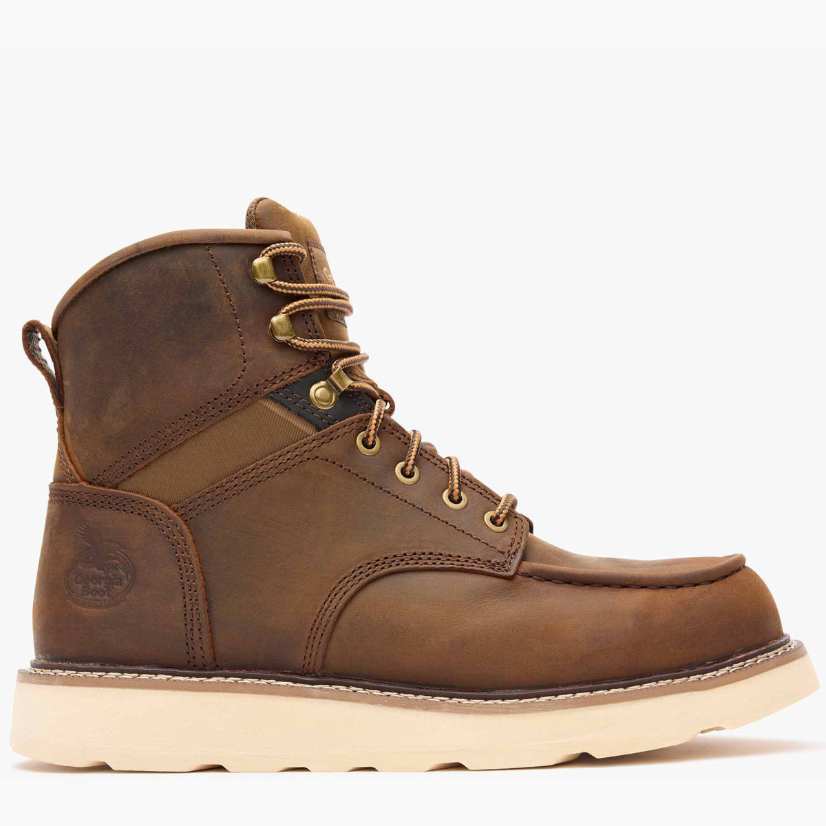 Brown leather boot with beige sole on a white background