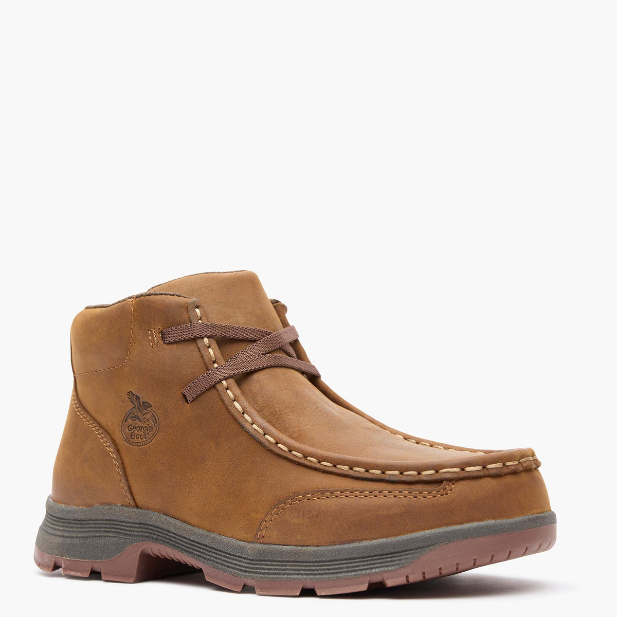 Brown leather boot with gray sole on a white background