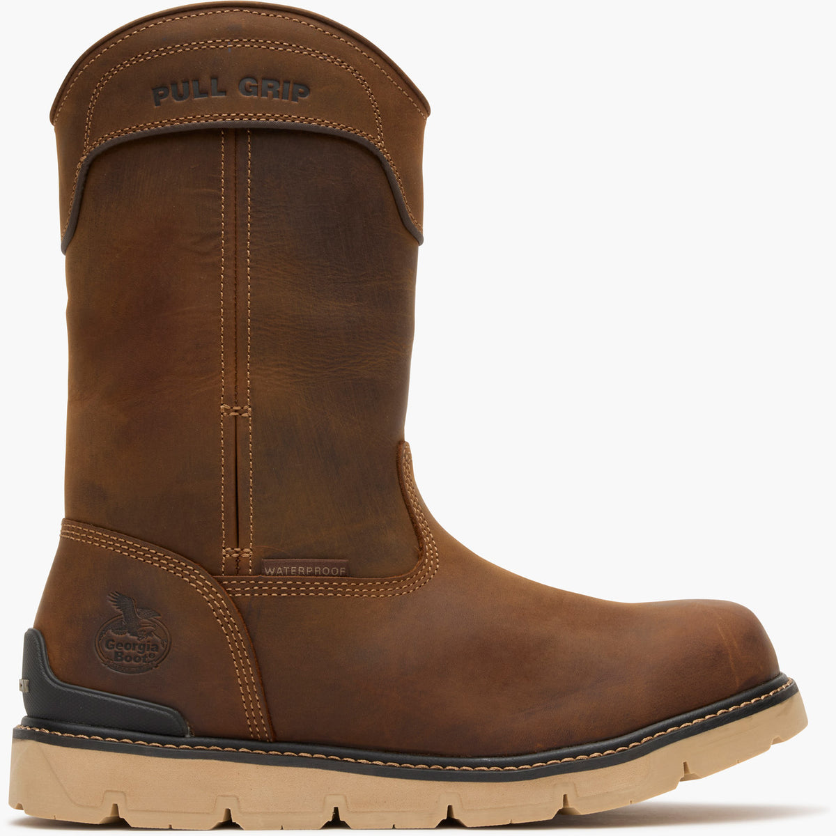 Brown work boot with 'Pull Grip' and 'Waterproof' labels on a white background
