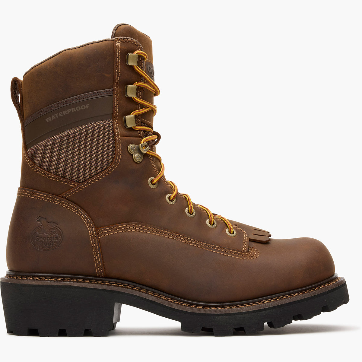 Brown leather boot with yellow laces on a white background