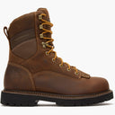 Brown leather boot with yellow laces on a white background