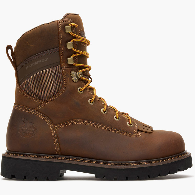 Brown leather boot with yellow laces on a white background
