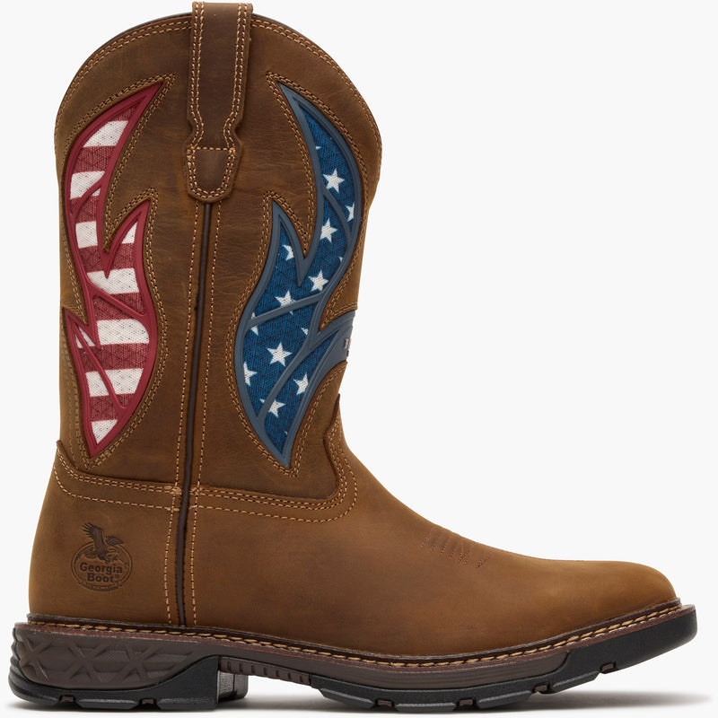 Brown boot with American flag design on a white background